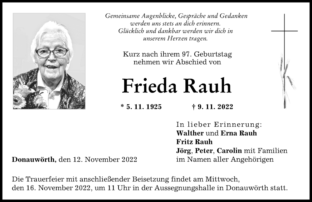 Traueranzeige von Frieda Rauh von Donauwörther Zeitung