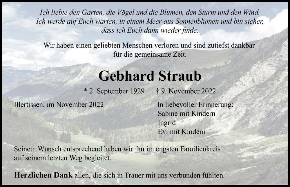  Traueranzeige für Gebhard Straub vom 26.11.2022 aus Illertisser Zeitung