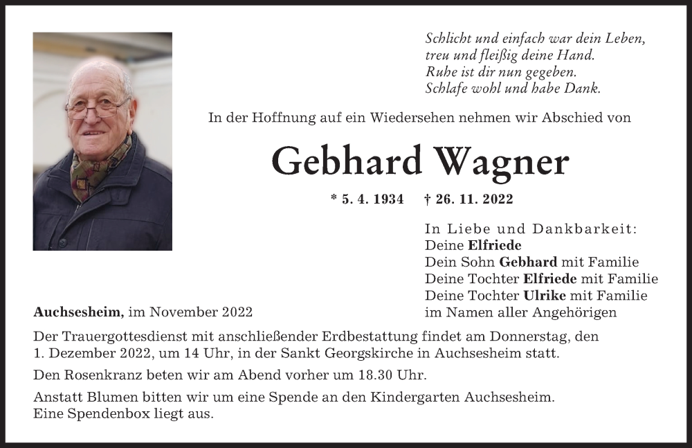 Traueranzeige von Gebhard Wagner von Donauwörther Zeitung