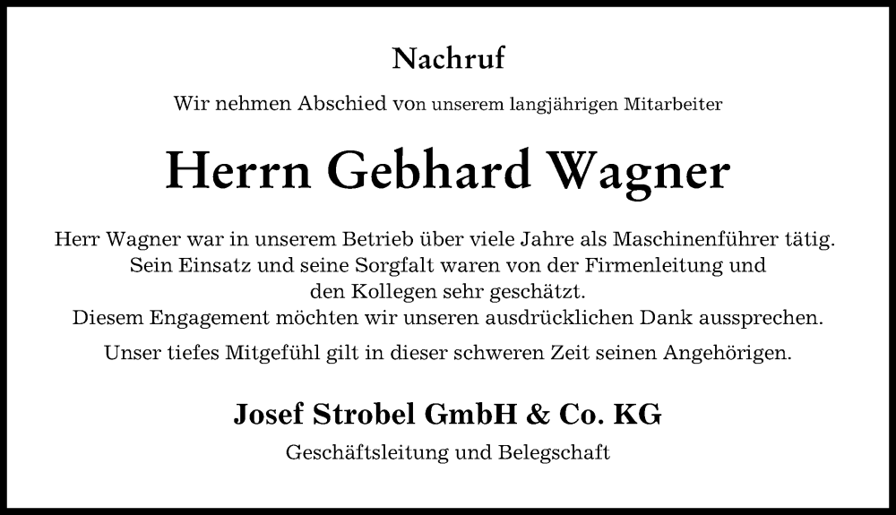 Traueranzeige von Gebhard Wagner von Donauwörther Zeitung