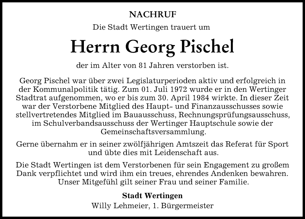 Traueranzeige von Georg Pischel von Wertinger Zeitung