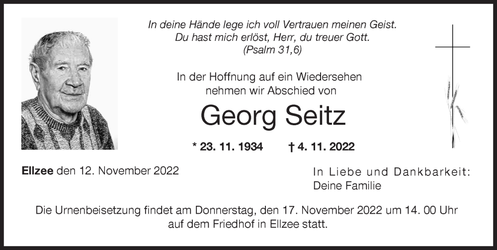 Traueranzeige von Georg Seitz von Mittelschwäbische Nachrichten, Günzburger Zeitung