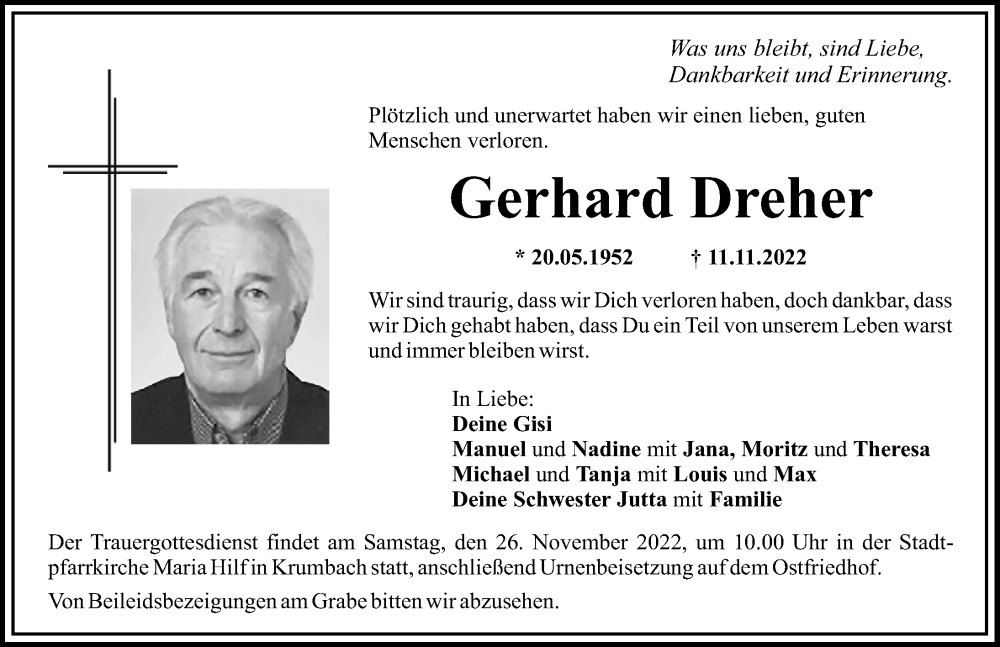  Traueranzeige für Gerhard Dreher vom 22.11.2022 aus Mittelschwäbische Nachrichten