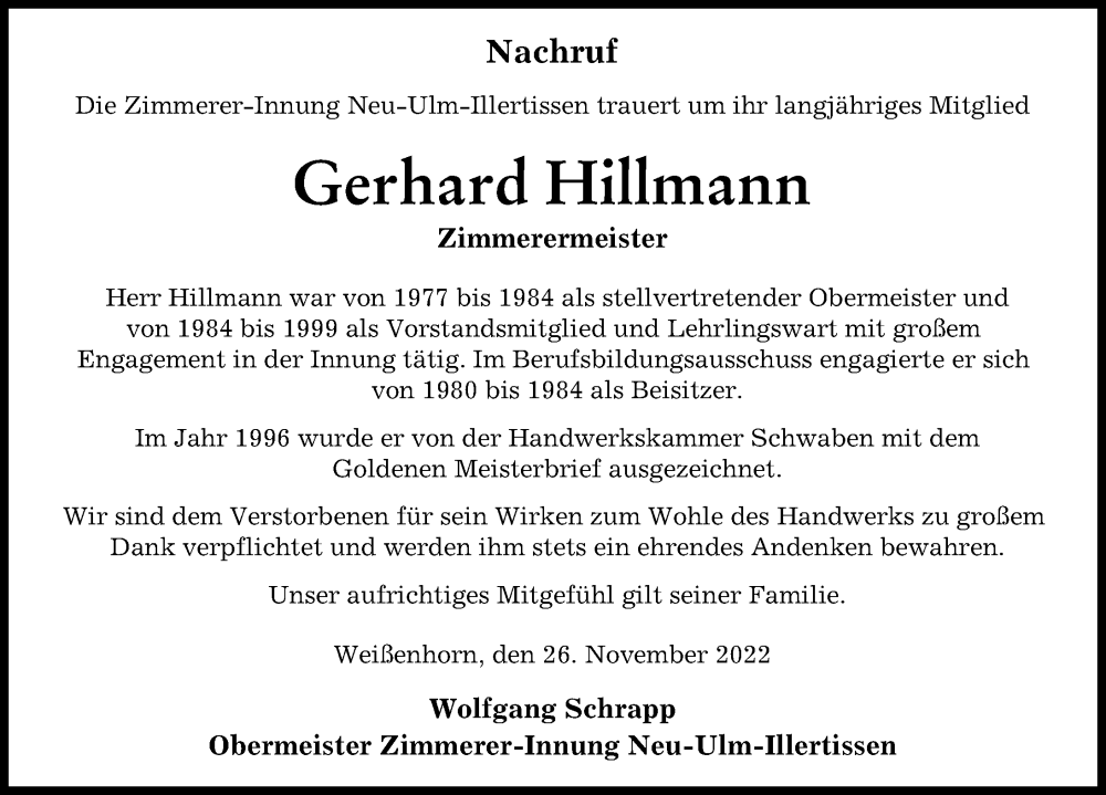  Traueranzeige für Gerhard Hillmann vom 26.11.2022 aus Illertisser Zeitung, Neu-Ulmer Zeitung