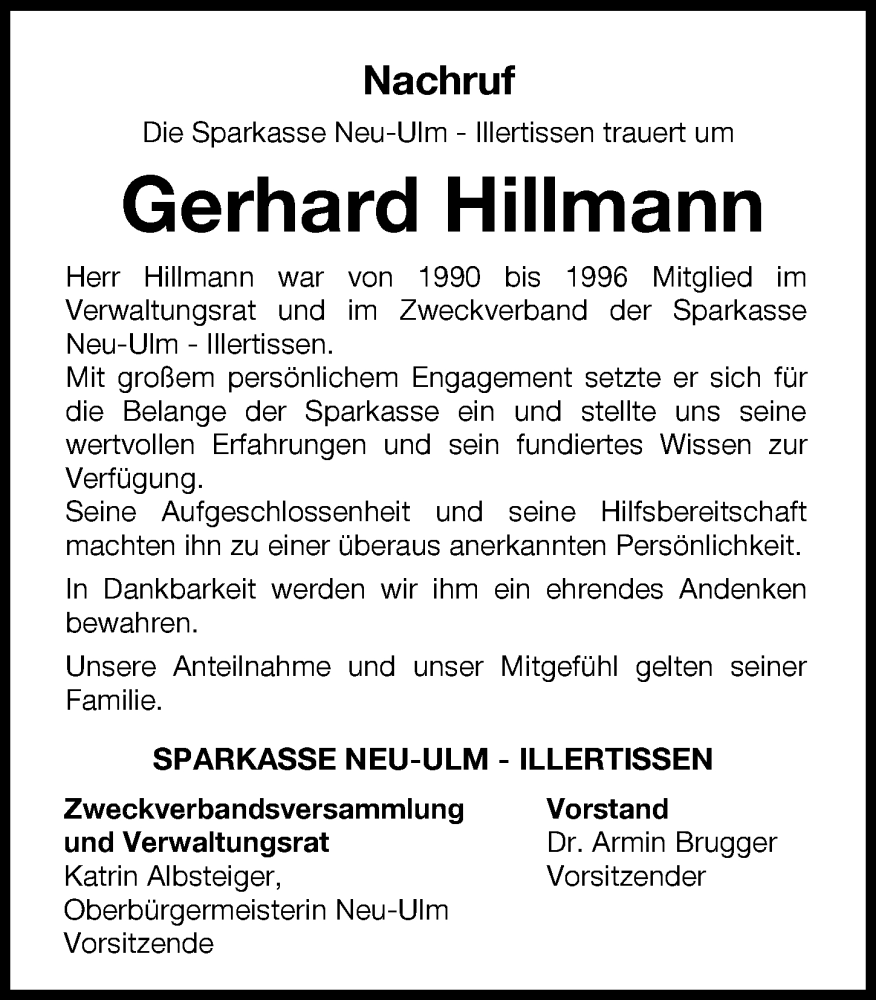  Traueranzeige für Gerhard Hillmann vom 26.11.2022 aus Neu-Ulmer Zeitung