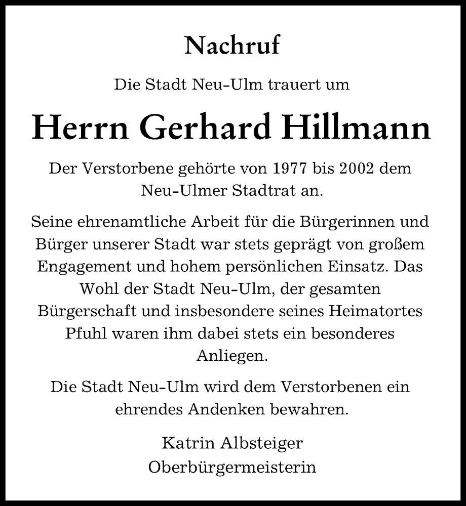  Traueranzeige für Gerhard Hillmann vom 22.11.2022 aus Neu-Ulmer Zeitung