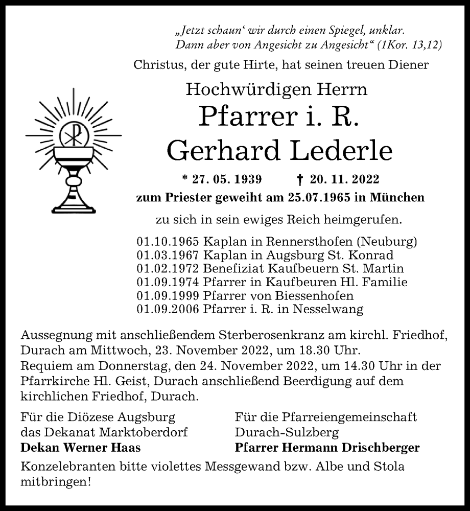  Traueranzeige für Gerhard Lederle vom 22.11.2022 aus Augsburger Allgemeine