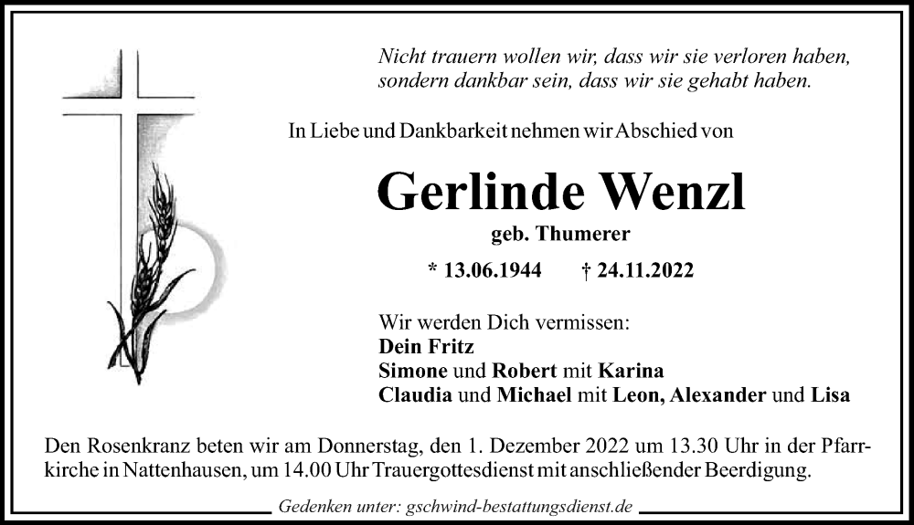  Traueranzeige für Gerlinde Wenzl vom 29.11.2022 aus Augsburg-Land, Mittelschwäbische Nachrichten