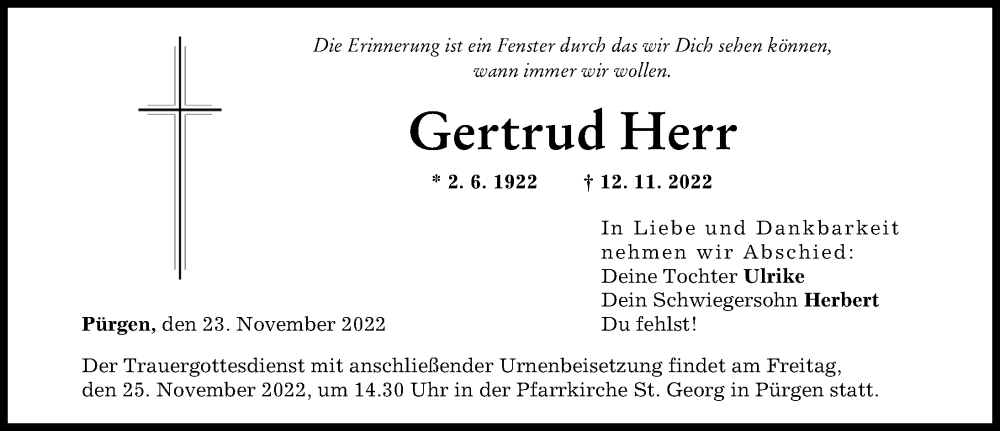  Traueranzeige für Gertrud Herr vom 23.11.2022 aus Landsberger Tagblatt
