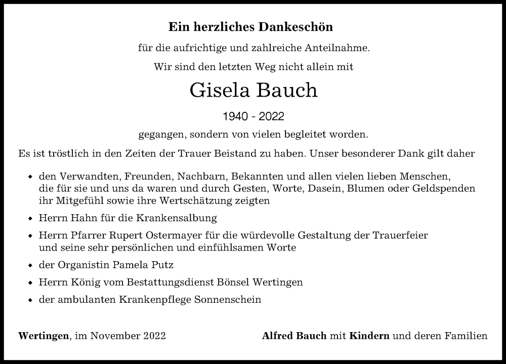 Traueranzeige von Gisela Bauch von Wertinger Zeitung