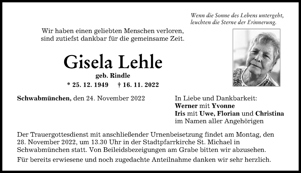Traueranzeigen Von Gisela Lehle Augsburger Allgemeine Zeitung