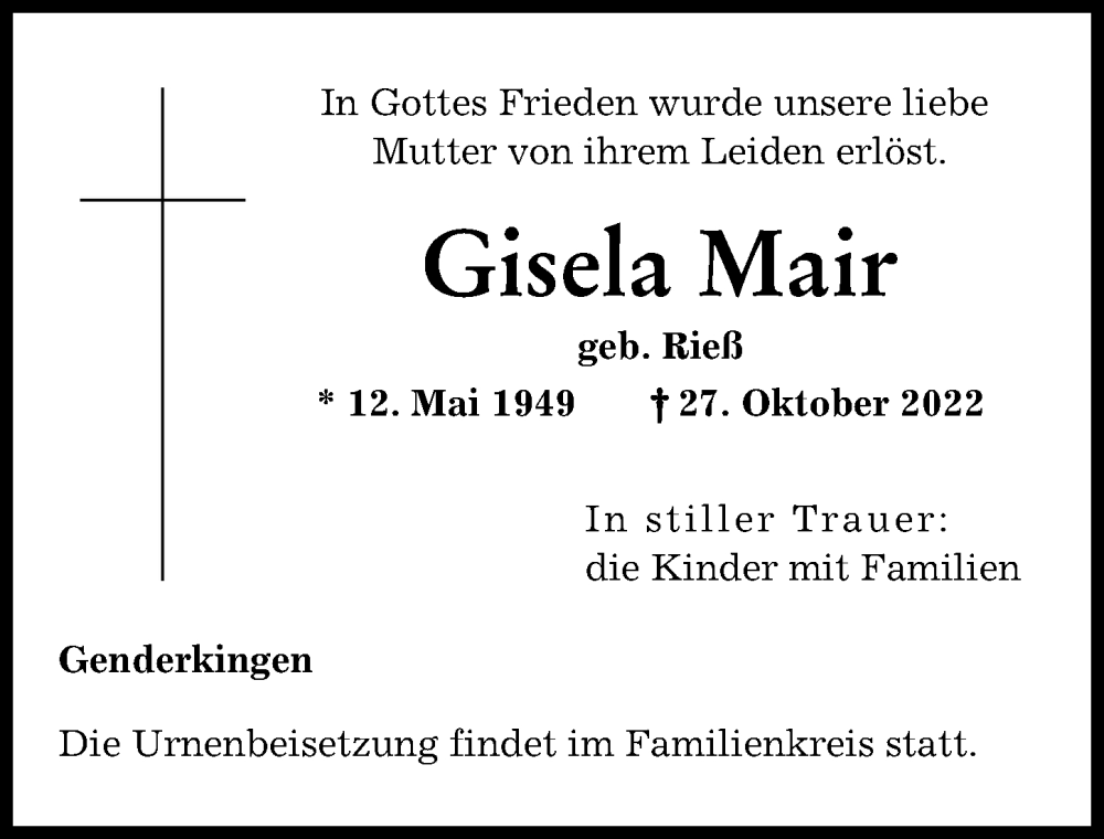 Traueranzeigen Von Gisela Mair Augsburger Allgemeine Zeitung