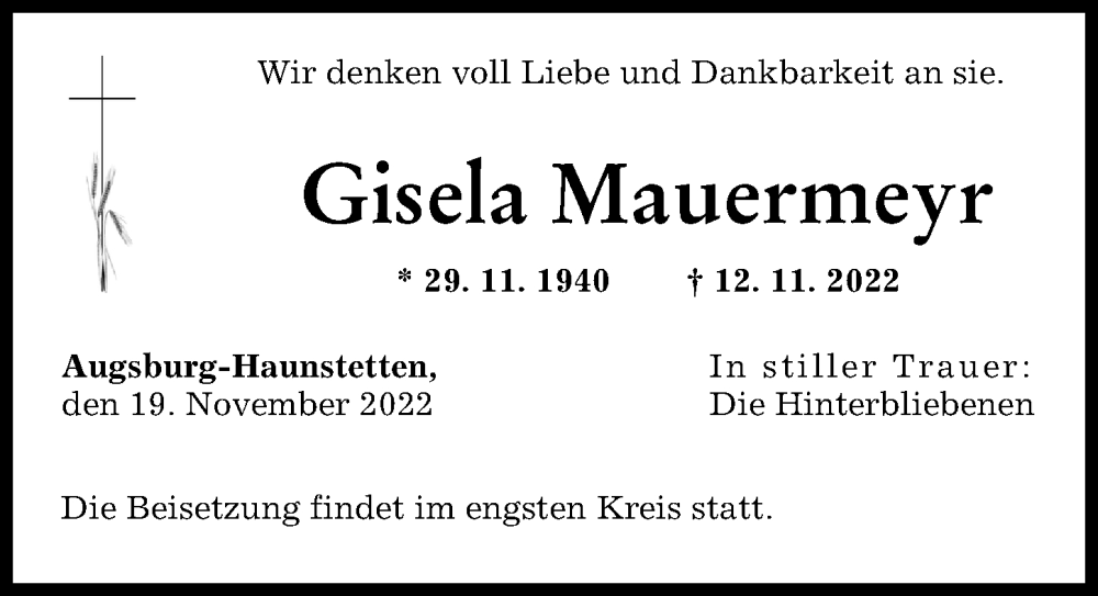  Traueranzeige für Gisela Mauermeyr vom 19.11.2022 aus Augsburger Allgemeine