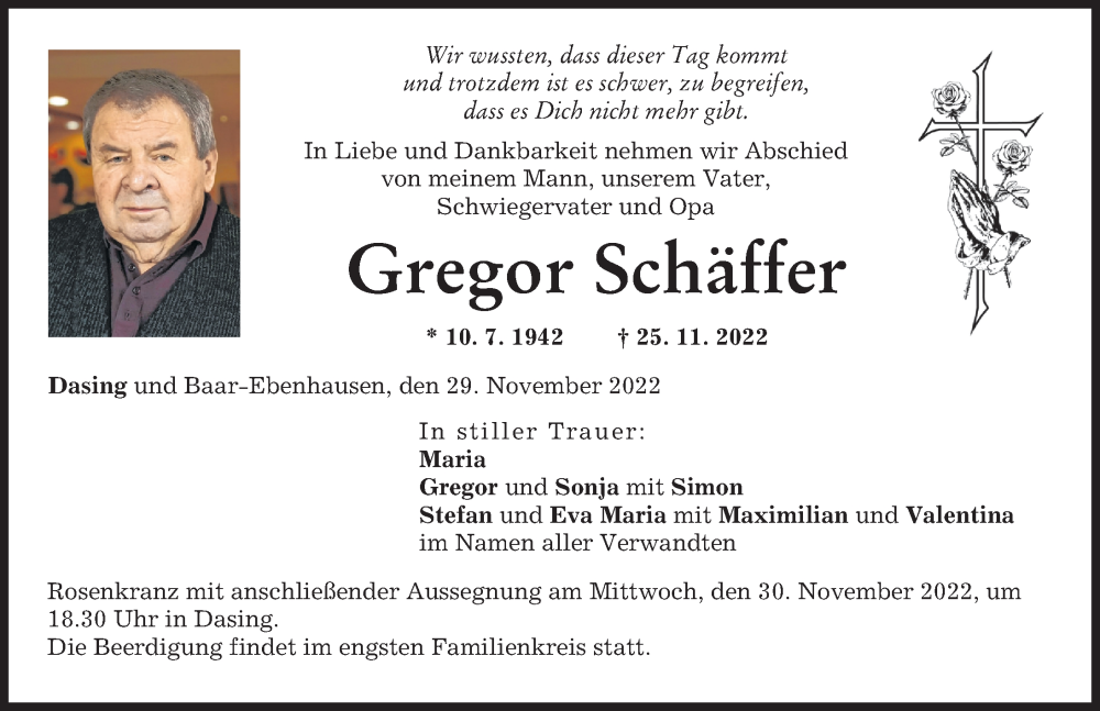  Traueranzeige für Gregor Schäffer vom 29.11.2022 aus Friedberger Allgemeine