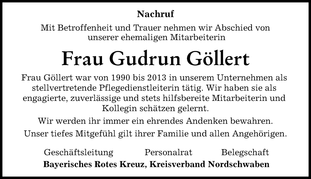 Traueranzeige von Gudrun Göllert von Donauwörther Zeitung