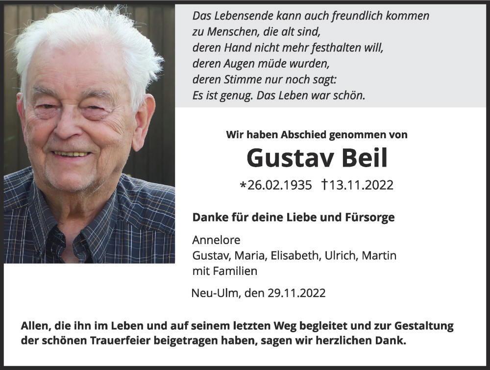  Traueranzeige für Gustav Beil vom 29.11.2022 aus Neu-Ulmer Zeitung, Günzburger Zeitung