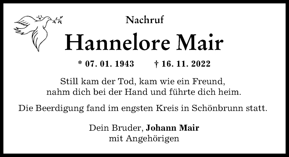  Traueranzeige für Hannelore Mair vom 25.11.2022 aus Landsberger Tagblatt