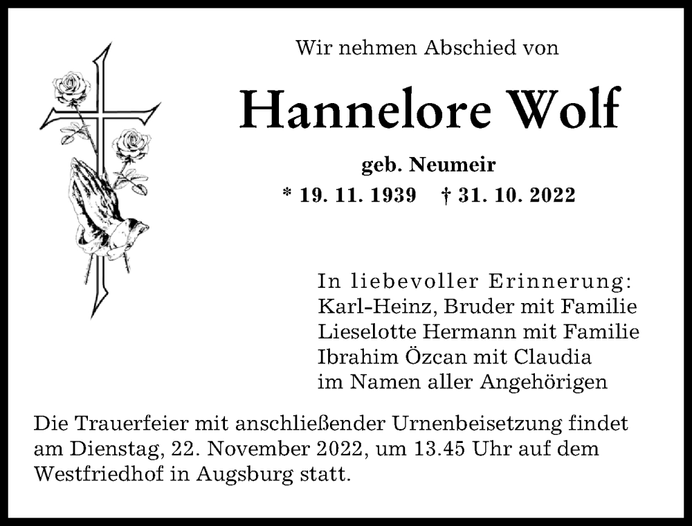  Traueranzeige für Hannelore Wolf vom 19.11.2022 aus Augsburger Allgemeine