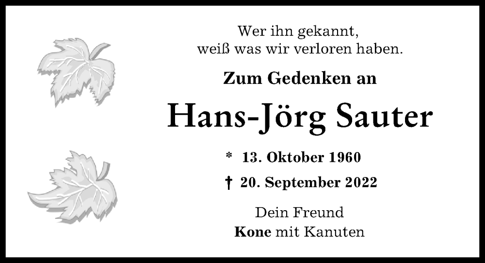 Traueranzeige von Hans-Jörg Sauter von Günzburger Zeitung