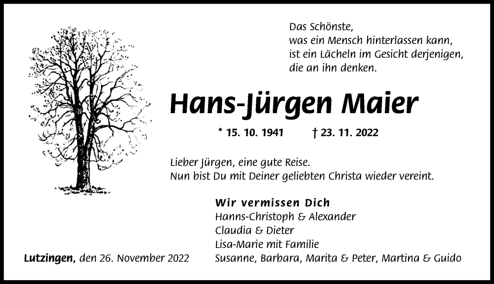  Traueranzeige für Hans-Jürgen Maier vom 26.11.2022 aus Donau Zeitung