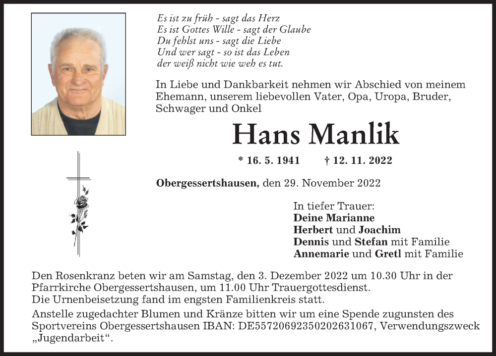  Traueranzeige für Hans Manlik vom 29.11.2022 aus Mindelheimer Zeitung, Schwabmünchner Allgemeine, Mittelschwäbische Nachrichten