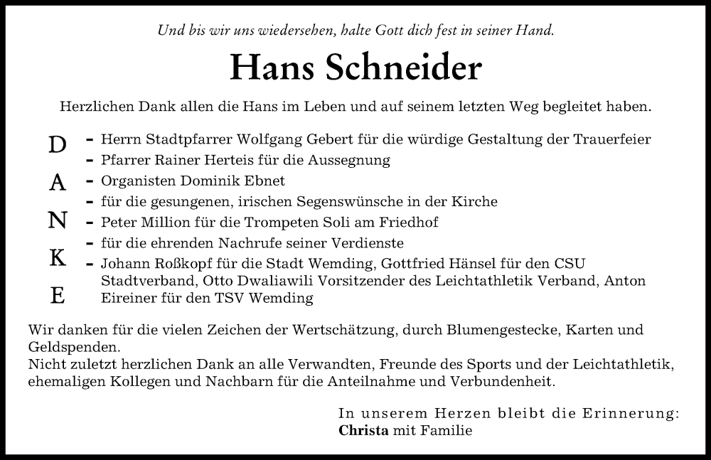 Traueranzeige von Hans Schneider von Donauwörther Zeitung