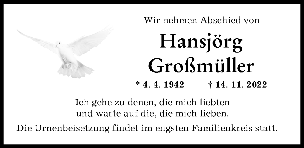  Traueranzeige für Hansjörg Großmüller vom 26.11.2022 aus Augsburger Allgemeine