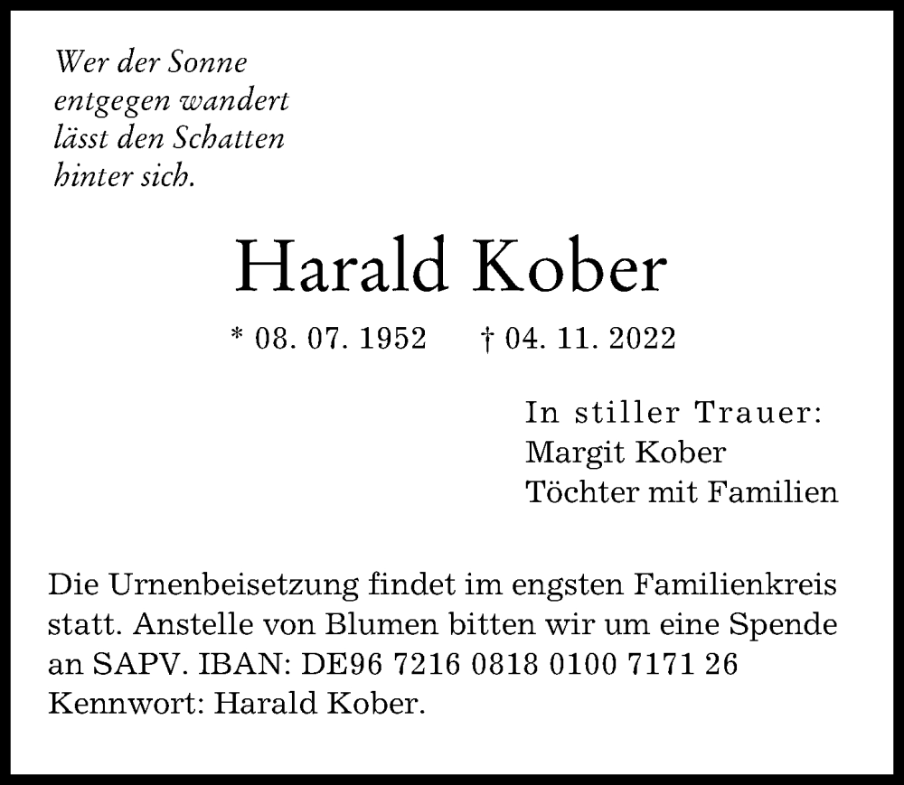  Traueranzeige für Harald Kober vom 08.11.2022 aus Neuburger Rundschau