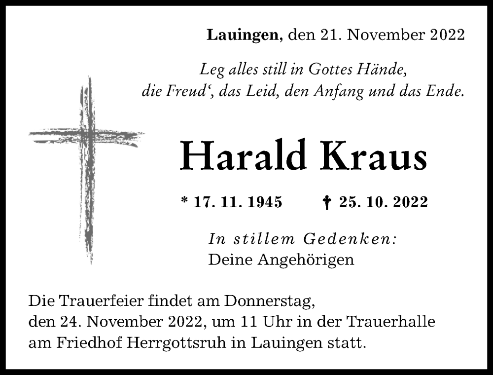  Traueranzeige für Harald Kraus vom 21.11.2022 aus Donau Zeitung