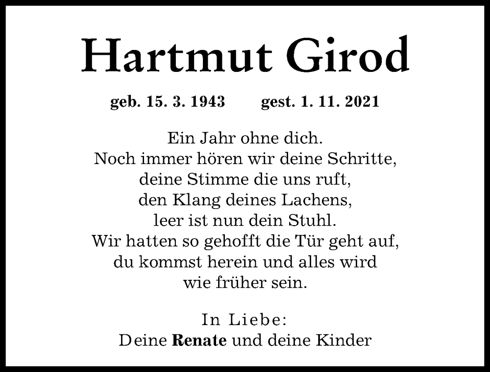  Traueranzeige für Hartmut Girod vom 02.11.2022 aus Donauwörther Zeitung