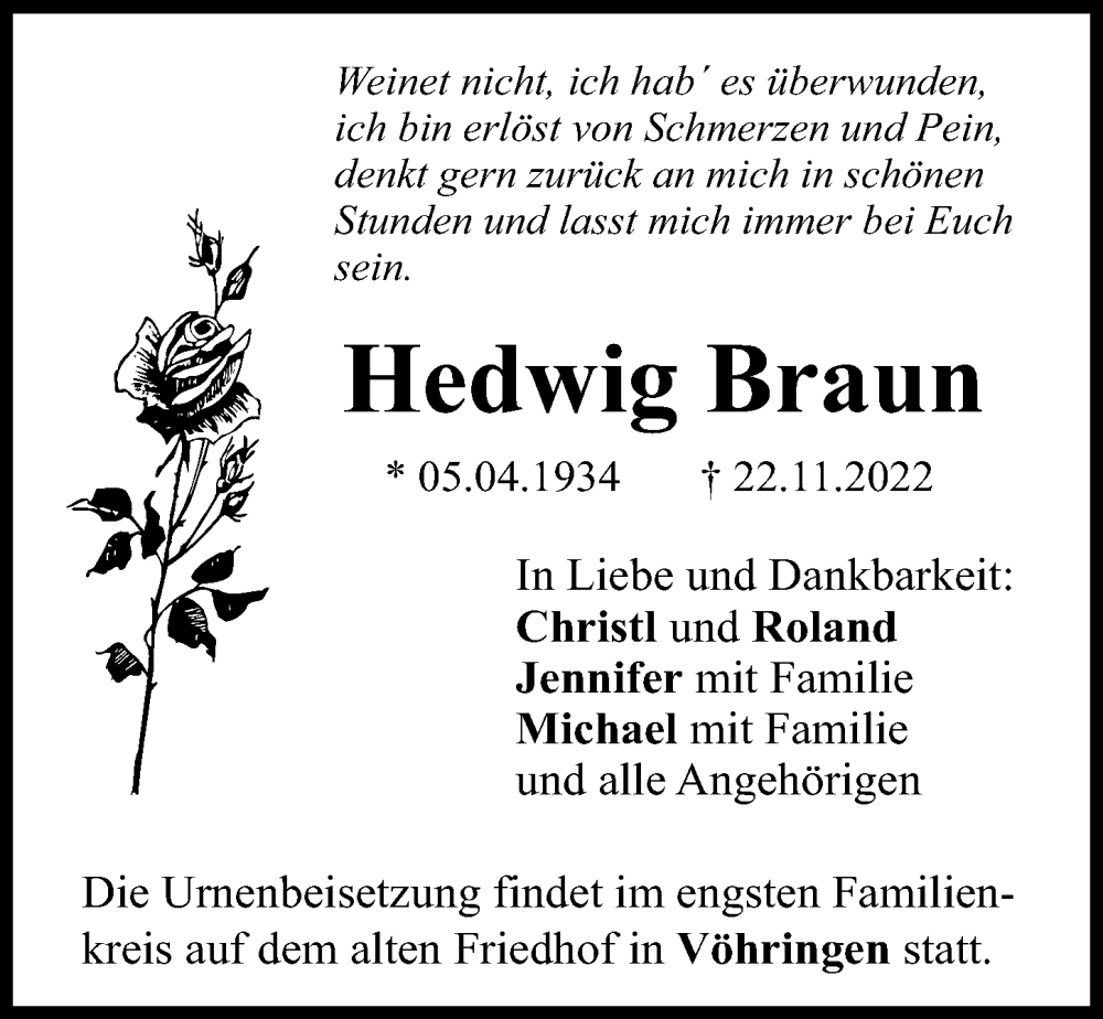  Traueranzeige für Hedwig Braun vom 28.11.2022 aus Illertisser Zeitung