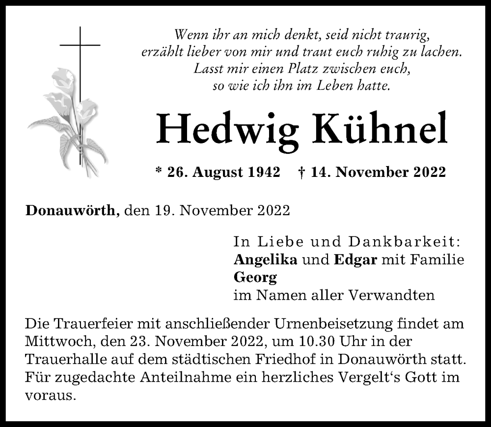 Traueranzeige von Hedwig Kühnel von Donauwörther Zeitung