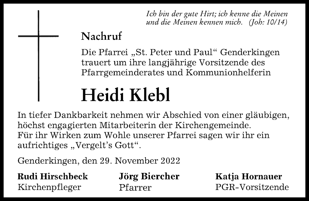  Traueranzeige für Heidi Klebl vom 29.11.2022 aus Donauwörther Zeitung