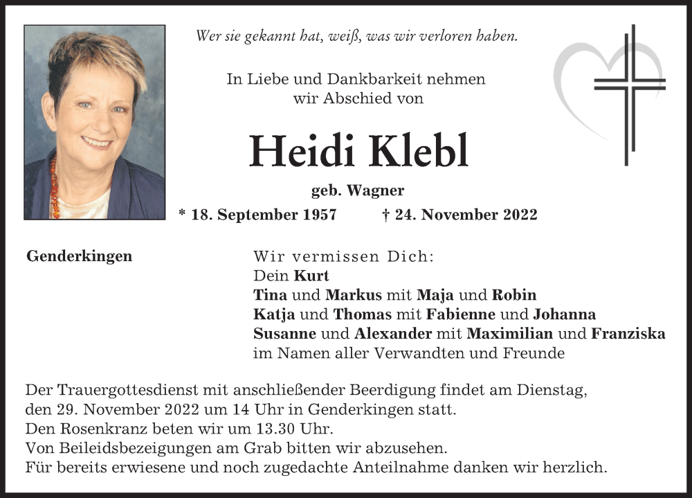  Traueranzeige für Heidi Klebl vom 26.11.2022 aus Donauwörther Zeitung