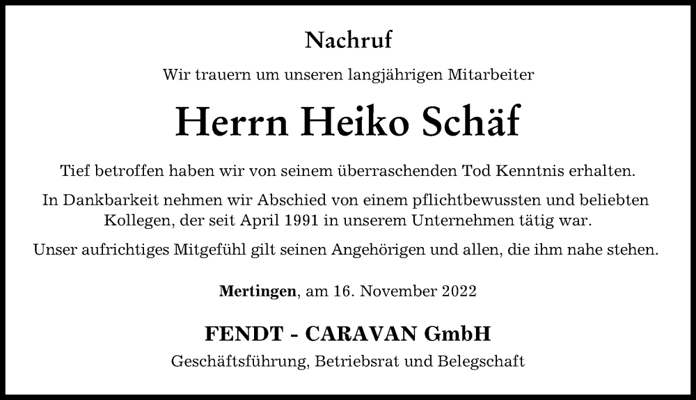  Traueranzeige für Heiko Schäf vom 16.11.2022 aus Donauwörther Zeitung