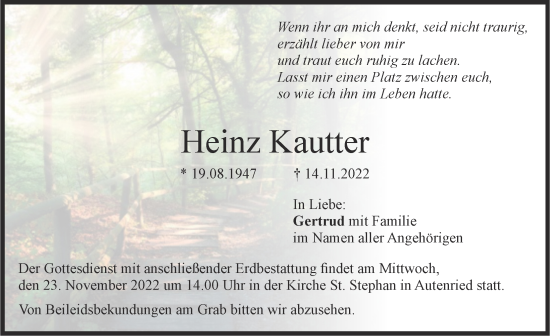 Traueranzeige von Heinz Kautter von Günzburger Zeitung