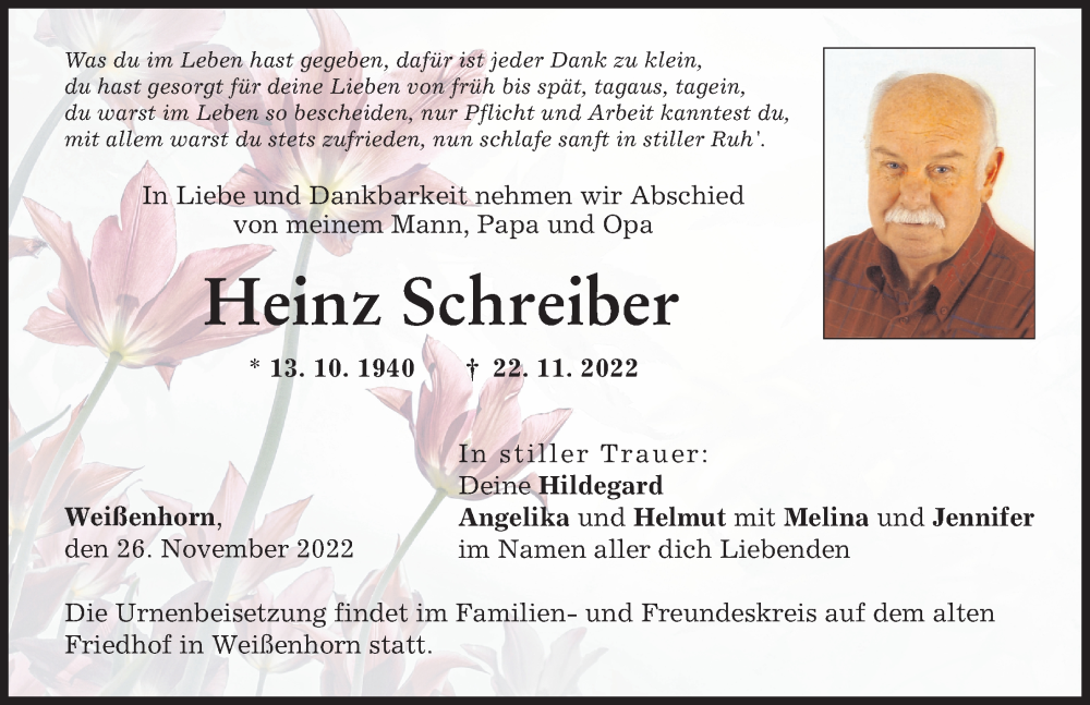  Traueranzeige für Heinz Schreiber vom 26.11.2022 aus Neu-Ulmer Zeitung