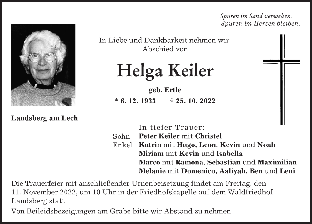 Traueranzeige von Helga Keiler von Landsberger Tagblatt