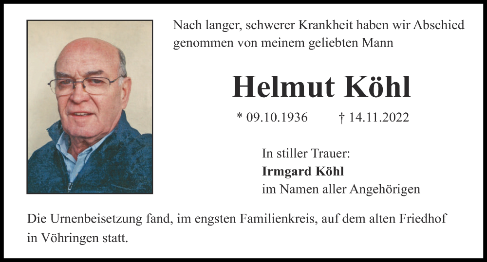  Traueranzeige für Helmut Köhl vom 24.11.2022 aus Illertisser Zeitung