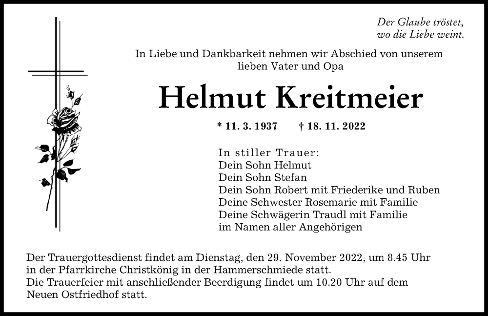  Traueranzeige für Helmut Kreitmeier vom 26.11.2022 aus Augsburger Allgemeine