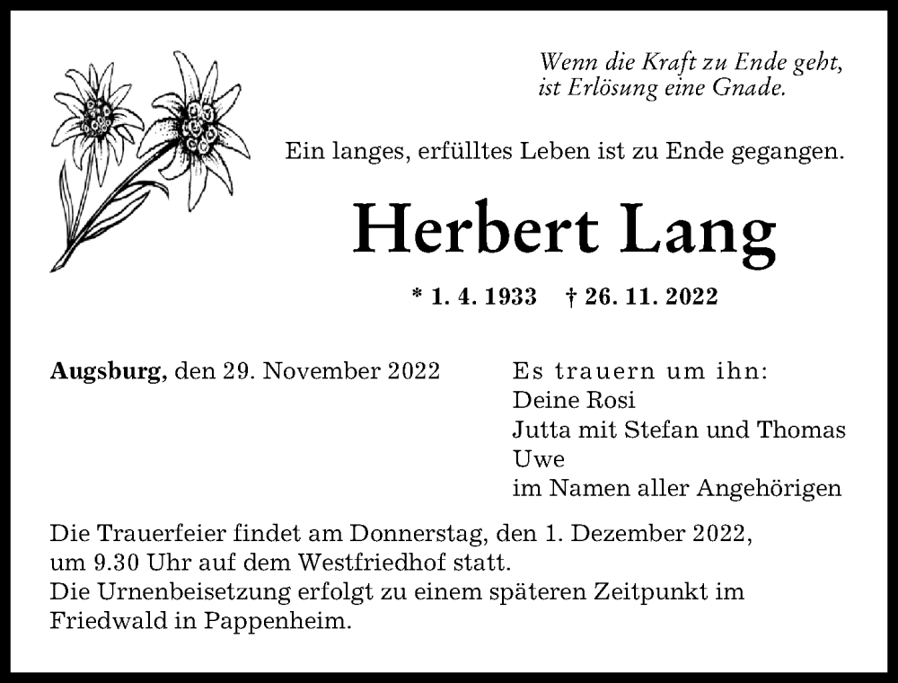 Traueranzeige für Herbert Lang vom 30.11.2022 aus Augsburger Allgemeine