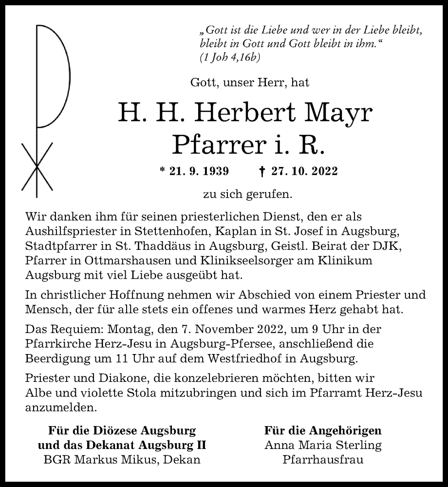 Traueranzeigen Von Herbert Mayr Augsburger Allgemeine Zeitung