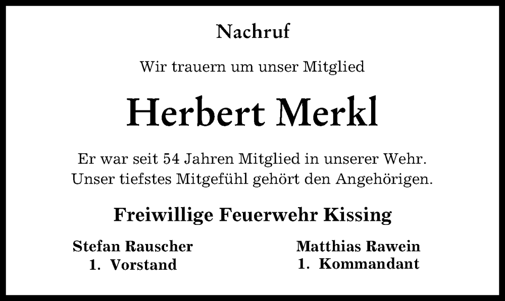 Traueranzeige von Herbert Merkl von Friedberger Allgemeine
