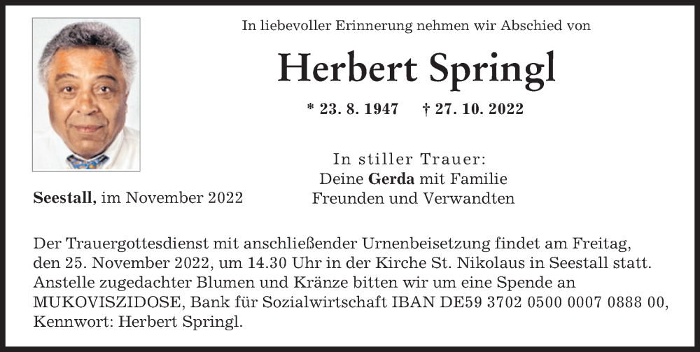  Traueranzeige für Herbert Springl vom 19.11.2022 aus Landsberger Tagblatt