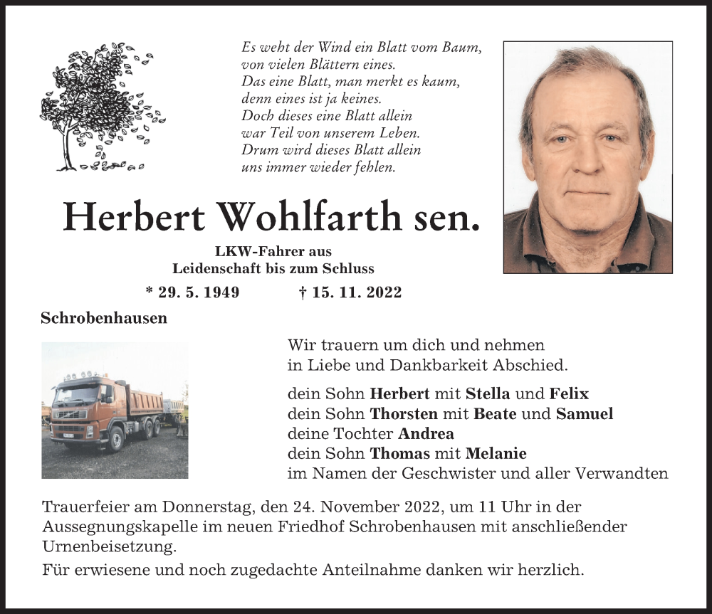  Traueranzeige für Herbert Wohlfarth vom 22.11.2022 aus Neuburger Rundschau
