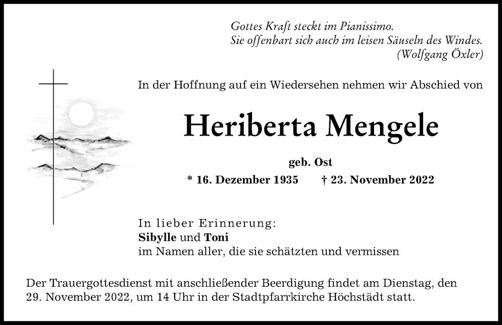  Traueranzeige für Heriberta Mengele vom 26.11.2022 aus Donau Zeitung