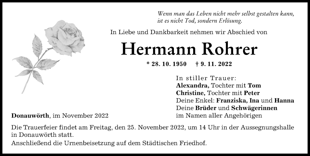  Traueranzeige für Hermann Rohrer vom 21.11.2022 aus Donauwörther Zeitung