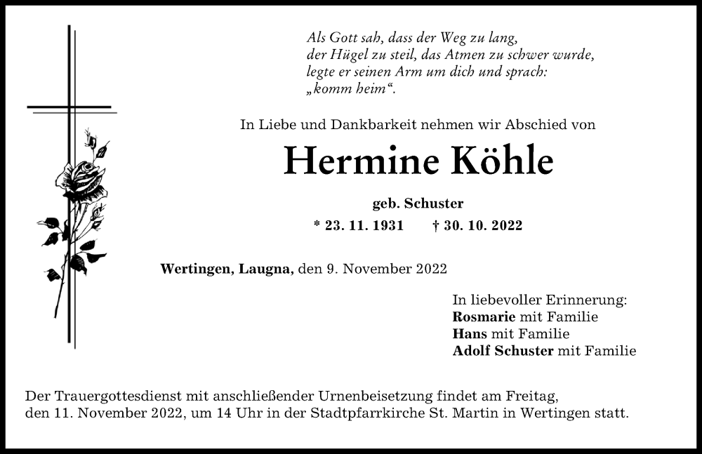 Traueranzeige von Hermine Köhle von Wertinger Zeitung