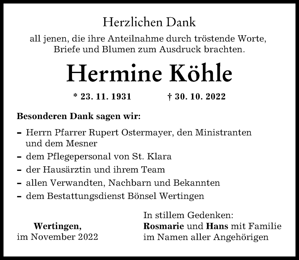 Traueranzeige von Hermine Köhle von Wertinger Zeitung