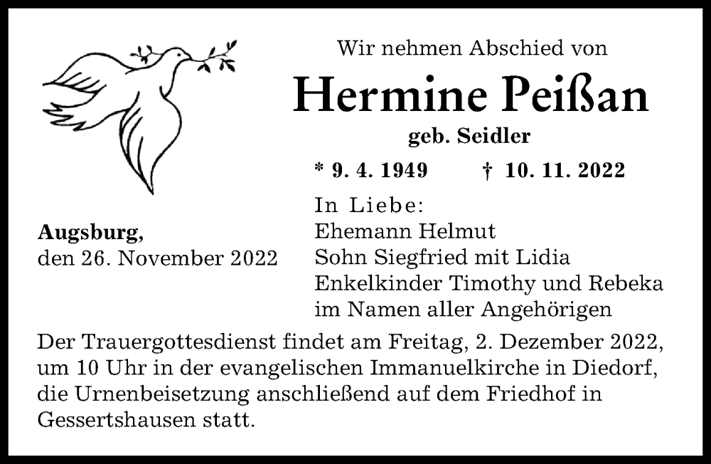  Traueranzeige für Hermine Peißan vom 26.11.2022 aus Augsburger Allgemeine